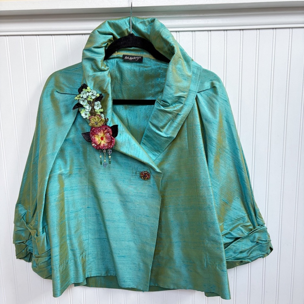 Lee Andersen Turquoise Raw Silk Floral Pin Shawl Collar 1-Button Evening Jacket